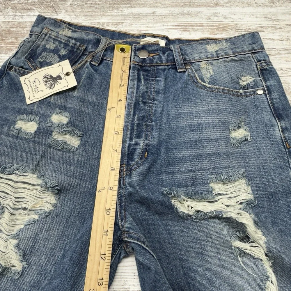 Hippie Bohemian Long Denim Jean Shorts Distressed Raw Hem Fringe Mom Jeans Sz‎ M